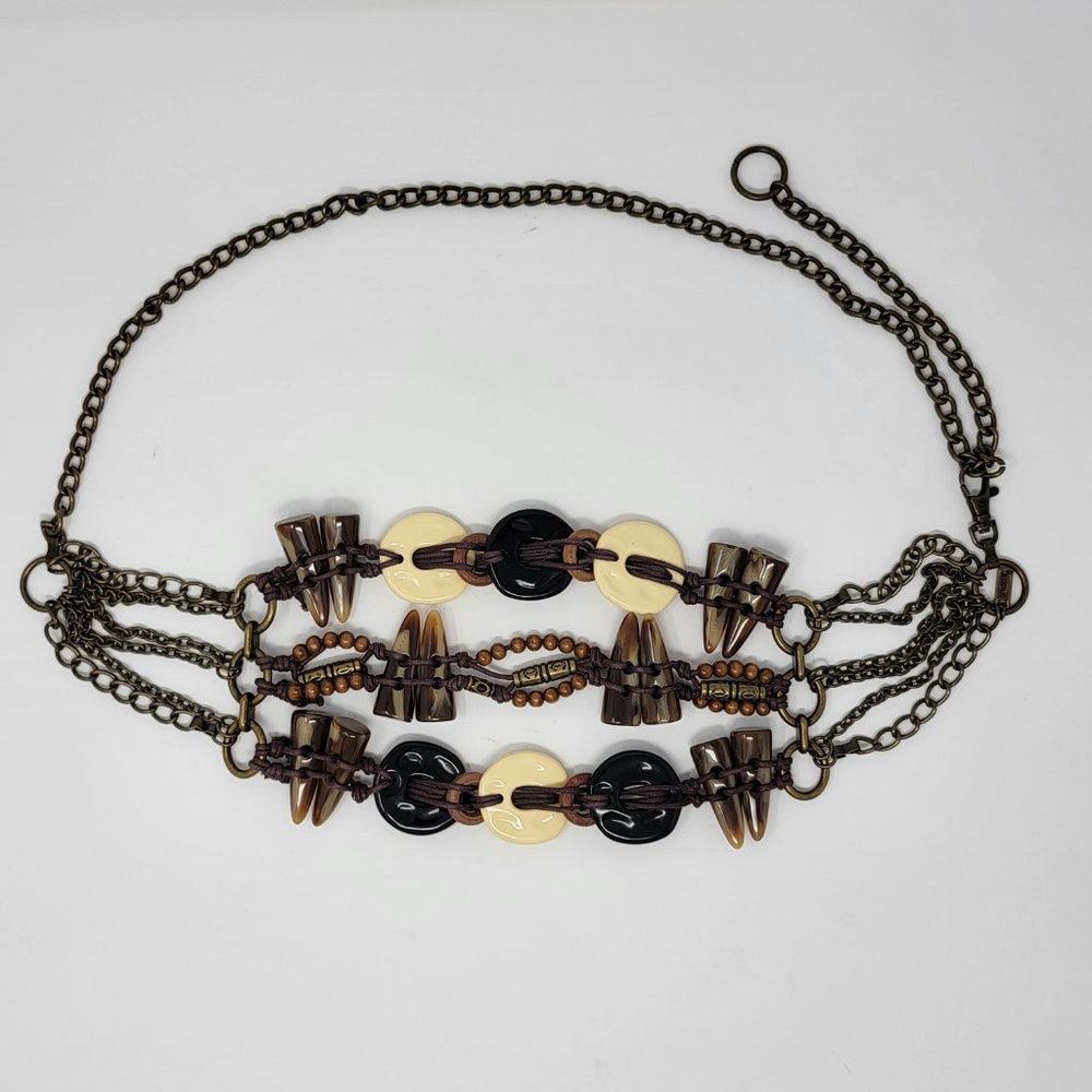 Chico's Tribal Three Strand Beaded Brass Tone Metal Chain Link Belt - Picture 2 of 7